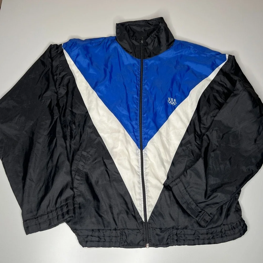 Vintage USA Olympics Windbreaker Jacket Black Blue White JCPenney Exclusive 90s